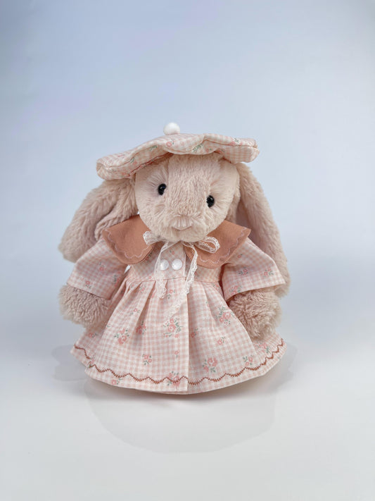 Peter Pan Collar Dress with Beret Hat for Plush Bunnies, Cottagecore Lace Pearl Puff-Sleeve Dress & Flower Headscarf for Plush Bunnies