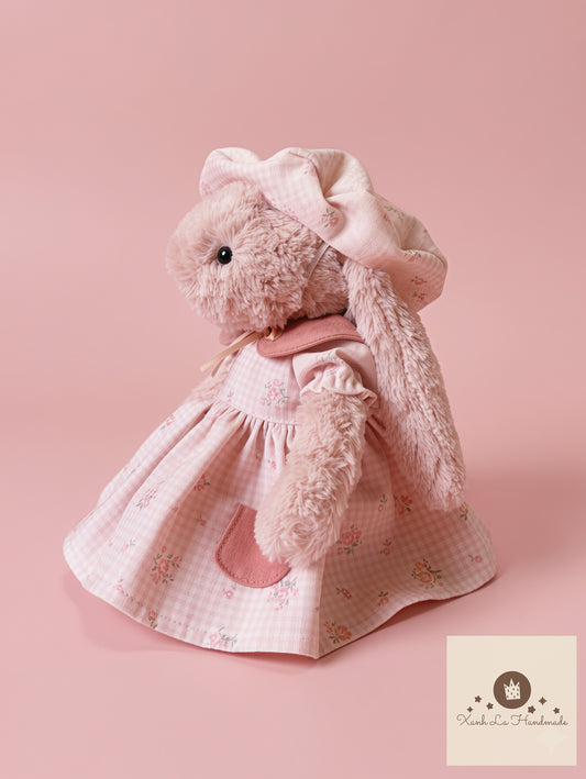 Cottagecore Pink Gingham Dress with Side Pocket & French Beret for Plush Bunnies
