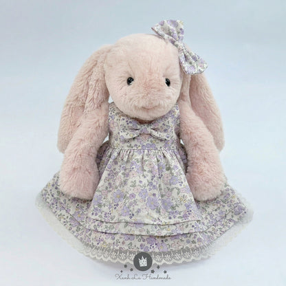 Handmade Vintage Purple Floral Dress & Matching Ear Bow for Jellicat Bunny & Bear