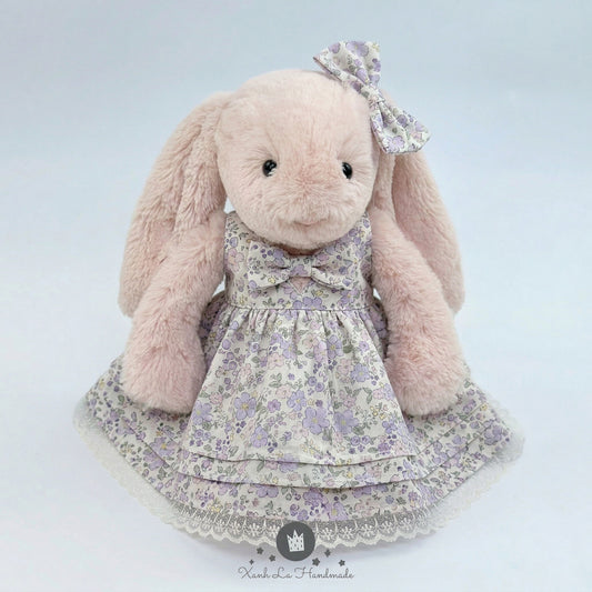 Handmade Vintage Purple Floral Dress & Matching Ear Bow for Jellicat Bunny & Bear