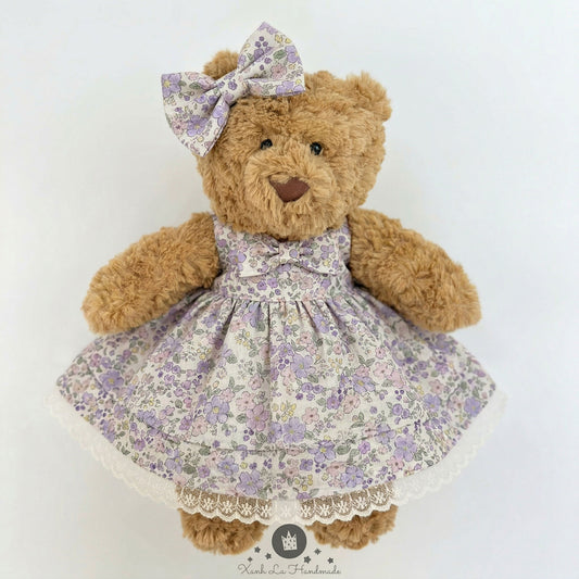 Handmade Vintage Purple Floral Dress & Matching Ear Bow for Jellicat Bunny & Bear