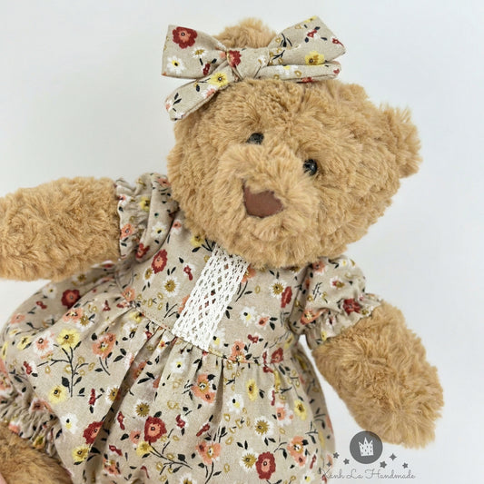 Cottagecore Floral One-Piece Romper & Bow Set for Jellicat Plush Bear