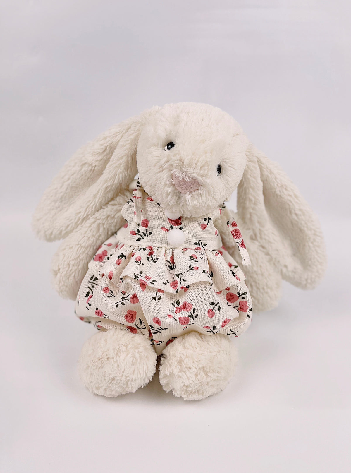 Bunny Floral Bloomer Romper with Pompoms | Cute 2-Strap Plush Outfit for Jellicat Bunnies, Keepsake Gift