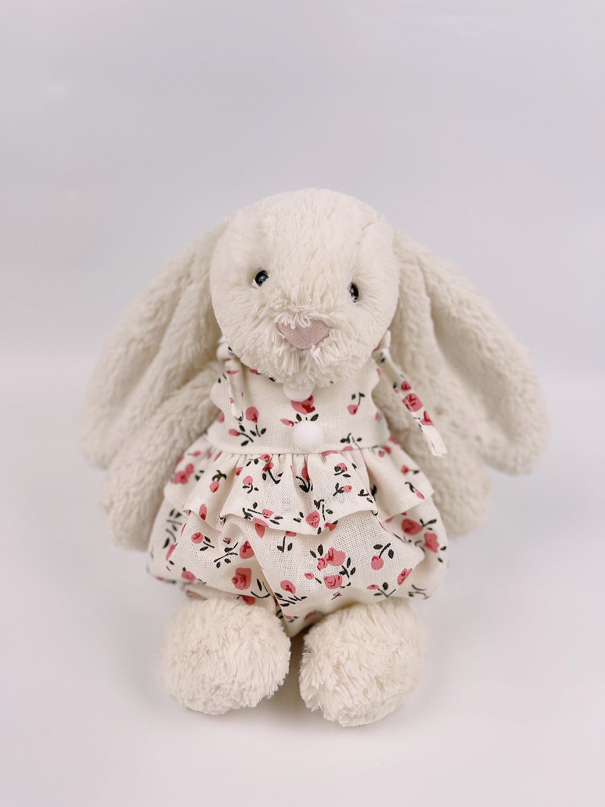 Bunny Floral Bloomer Romper with Pompoms | Cute 2-Strap Plush Outfit for Jellicat Bunnies, Keepsake Gift