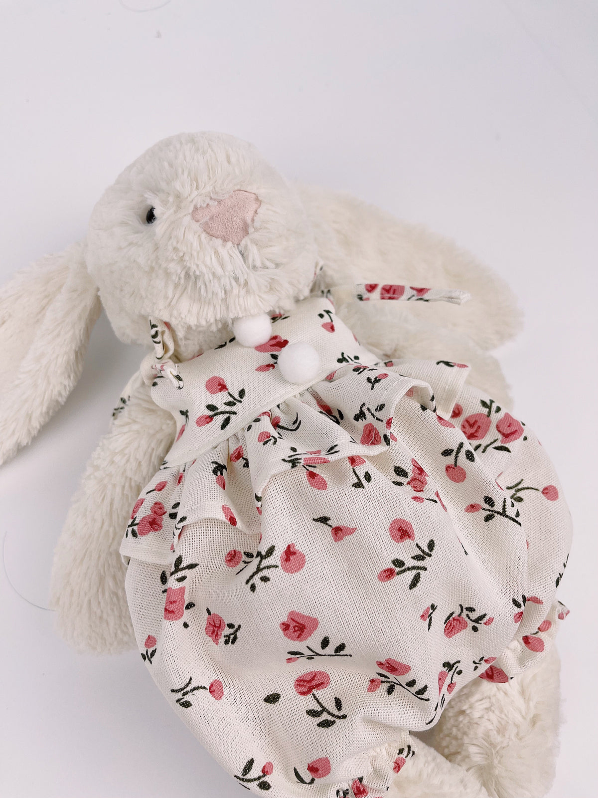 Bunny Floral Bloomer Romper with Pompoms | Cute 2-Strap Plush Outfit for Jellicat Bunnies, Keepsake Gift