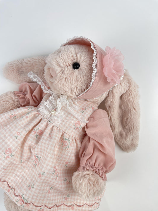 Peter Pan Collar Dress with Beret Hat for Plush Bunnies, Cottagecore Lace Pearl Puff-Sleeve Dress & Flower Headscarf for Plush Bunnies