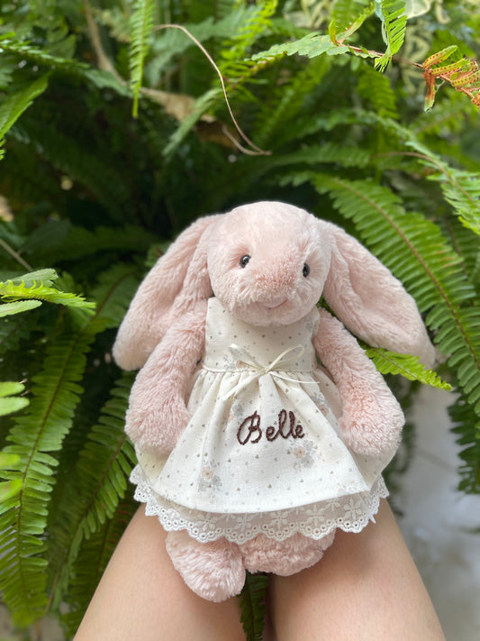 Personalized Hand-Embroidered Dress for Jellicat Bunny, Baby Shower & 1st Birthday Keepsake Gift