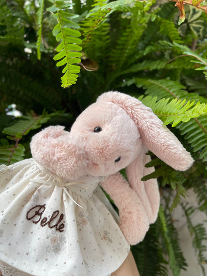Personalized Hand-Embroidered Dress for Jellicat Bunny, Baby Shower & 1st Birthday Keepsake Gift
