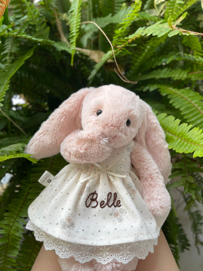 Personalized Hand-Embroidered Dress for Jellicat Bunny, Baby Shower & 1st Birthday Keepsake Gift