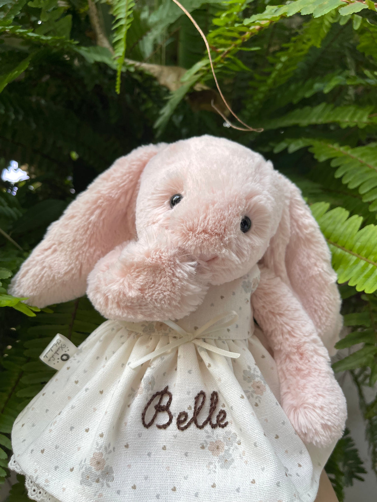 Personalized Hand-Embroidered Dress for Jellicat Bunny, Baby Shower & 1st Birthday Keepsake Gift