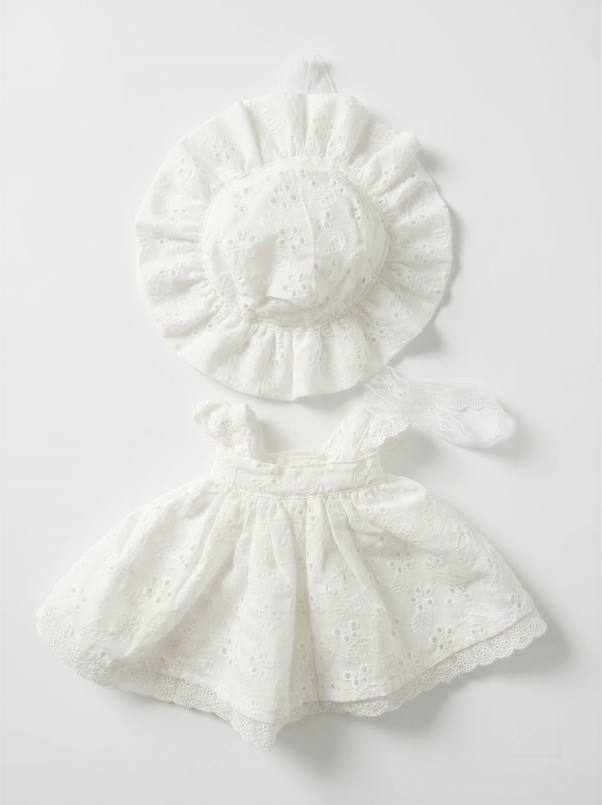 Victorian White Eyelet Cotton Sundress & Lace Bonnet Set for Plush Bunnies & Bear Plush