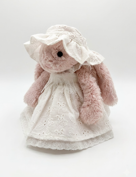 Victorian White Eyelet Cotton Sundress & Lace Bonnet Set for Plush Bunnies & Bear Plush