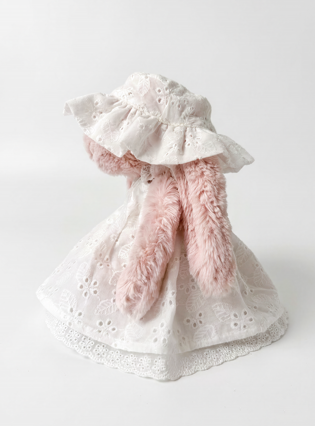 Victorian White Eyelet Cotton Sundress & Lace Bonnet Set for Plush Bunnies & Bear Plush