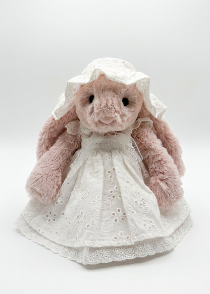 Victorian White Eyelet Cotton Sundress & Lace Bonnet Set for Plush Bunnies & Bear Plush