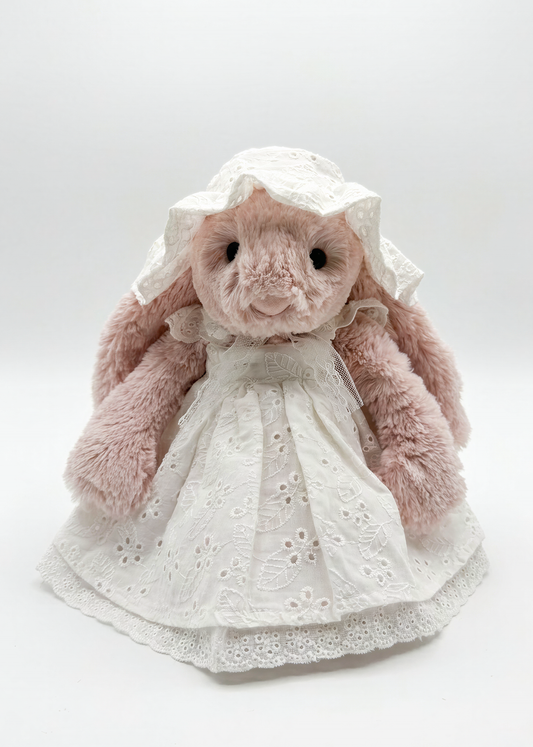 Victorian White Eyelet Cotton Sundress & Lace Bonnet Set for Plush Bunnies & Bear Plush