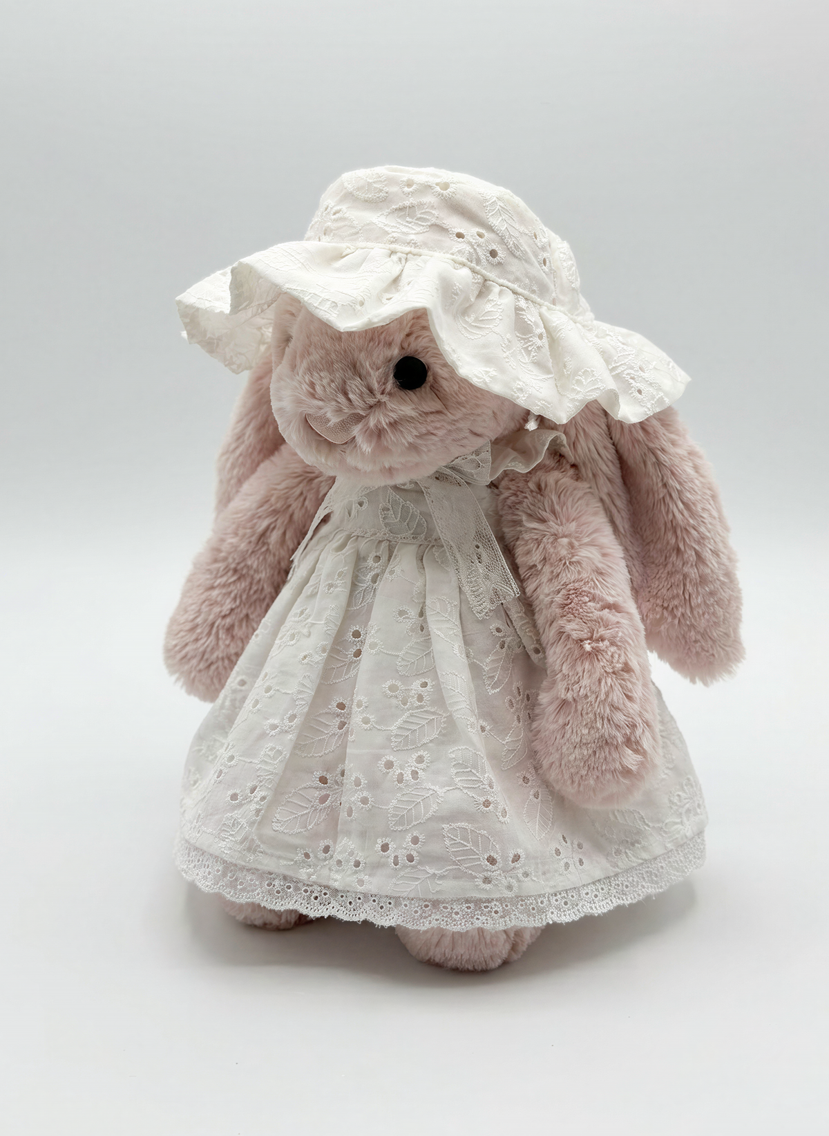 Victorian White Eyelet Cotton Sundress & Lace Bonnet Set for Plush Bunnies & Bear Plush