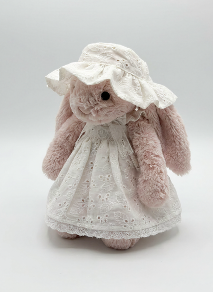 Victorian White Eyelet Cotton Sundress & Lace Bonnet Set for Plush Bunnies & Bear Plush