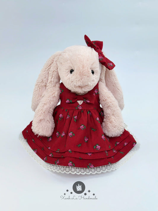 Red Rose Cottagecore Layered Dress & Bow Set for Bear Plush & Bunny