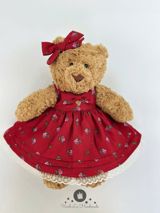 Red Rose Cottagecore Layered Dress & Bow Set for Bear Plush & Bunny
