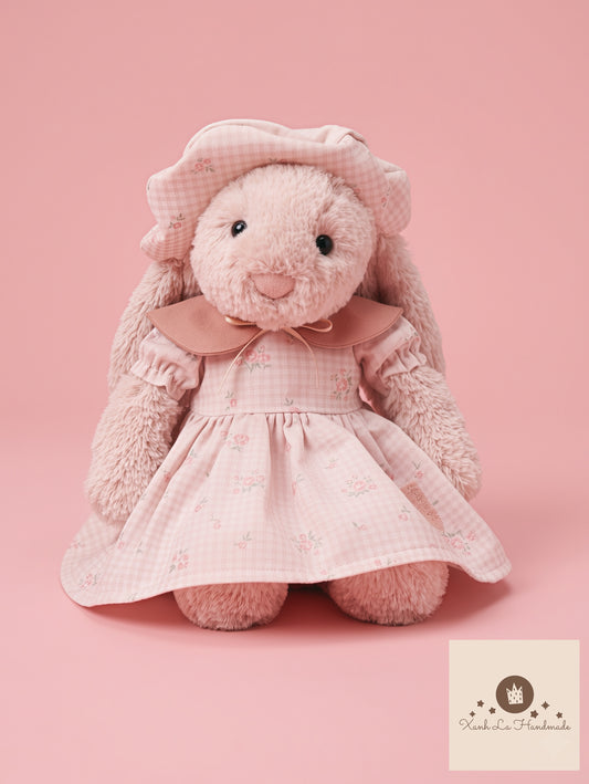 Cottagecore Pink Gingham Dress with Side Pocket & French Beret for Plush Bunnies