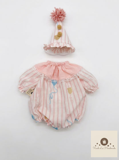 Pastel Circus Bear Print Snap-Back Romper & Party Hat for Plush Bunnies & Bear Plush