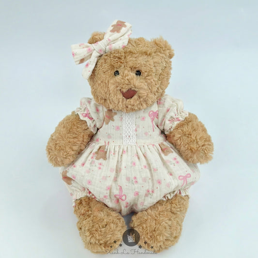 Cottagecore Floral One-Piece Romper & Bow Set for Jellicat Plush Bear