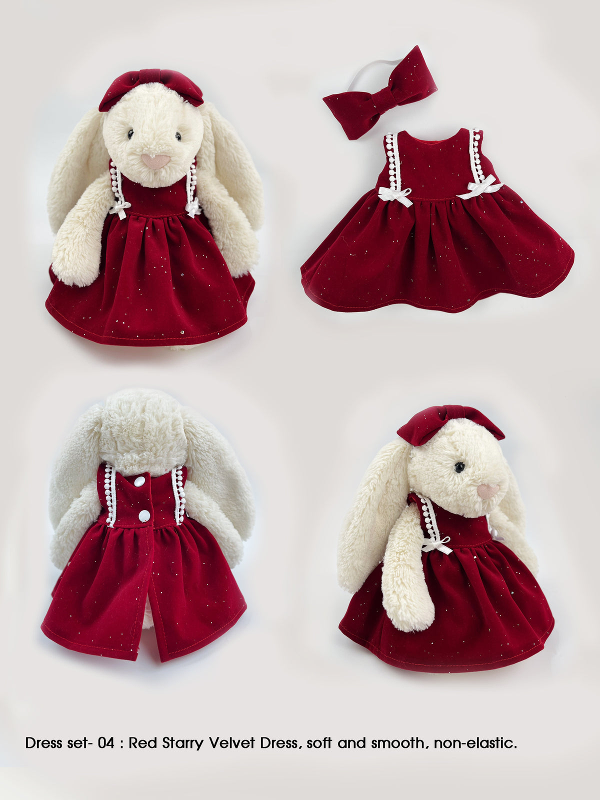 Handmade Velvet PartyDress & Big Hair Bow Set for Jellicat Bunny