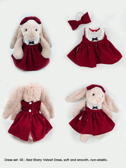 Handmade Velvet PartyDress & Big Hair Bow Set for Jellicat Bunny